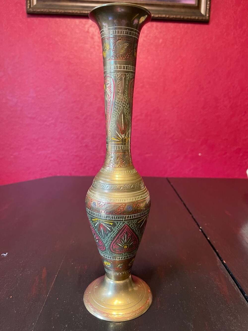 Vntg Hand Carved Etched Brass Vase w/Colorful Enamel Floral & Geometric Motifs
